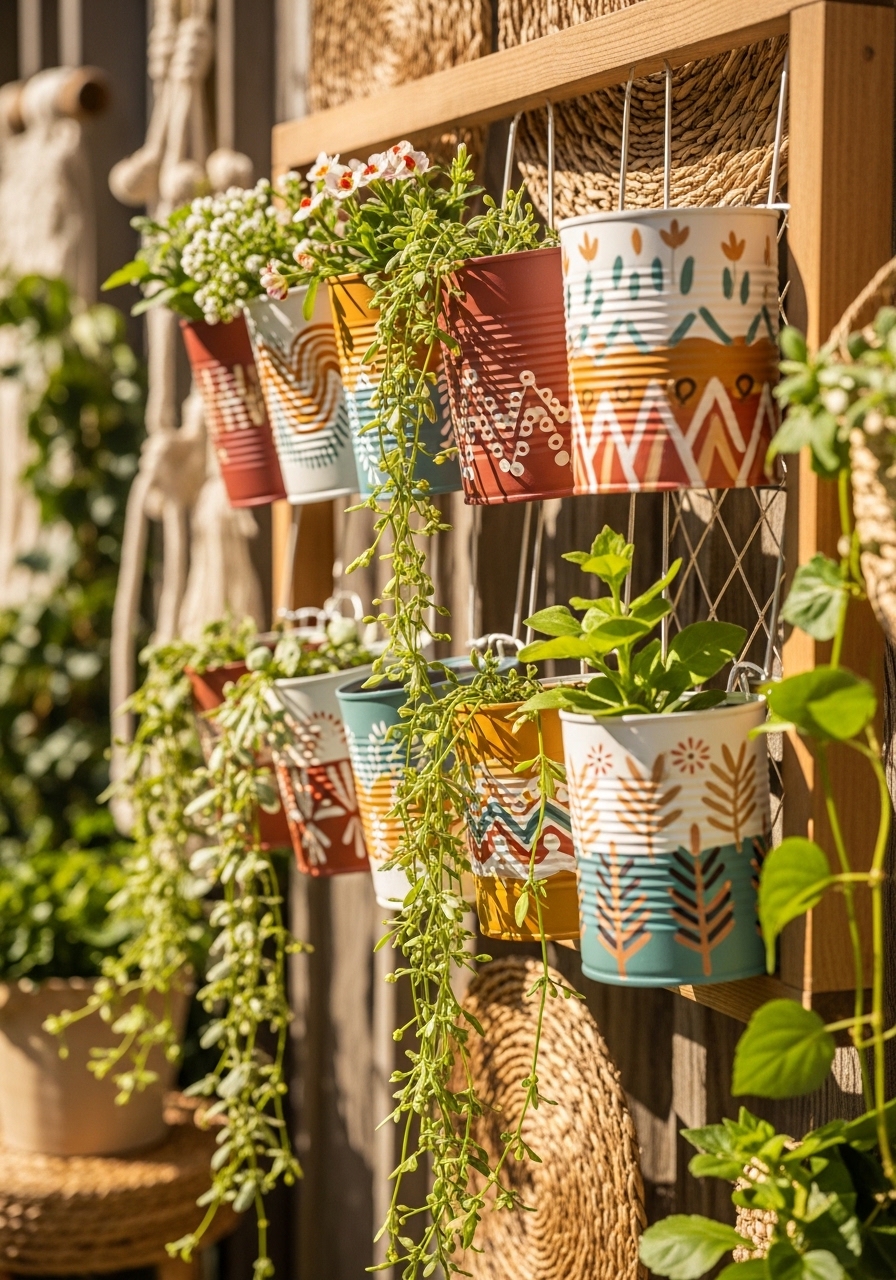 Boho Patterned Hanging Can Planters