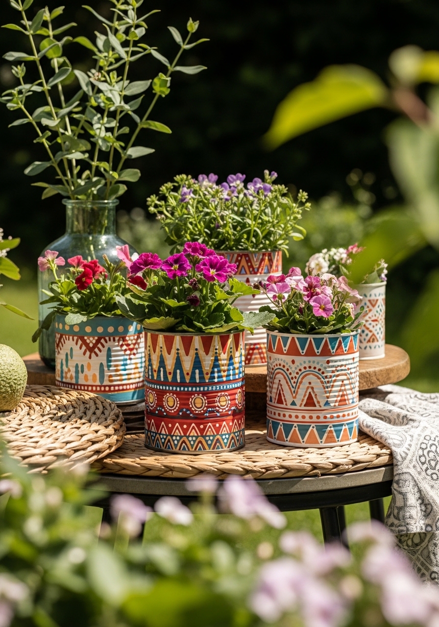 Boho Patterned Tin Can Planters
