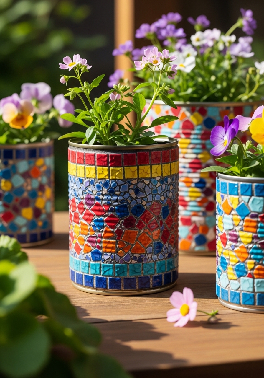 Bright Mosaic Tin Can Planters