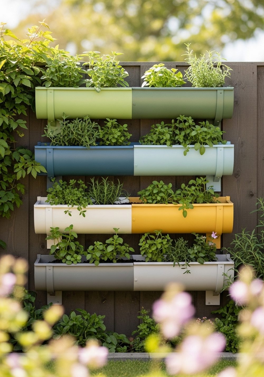Colorful Painted Gutter Herb Wall