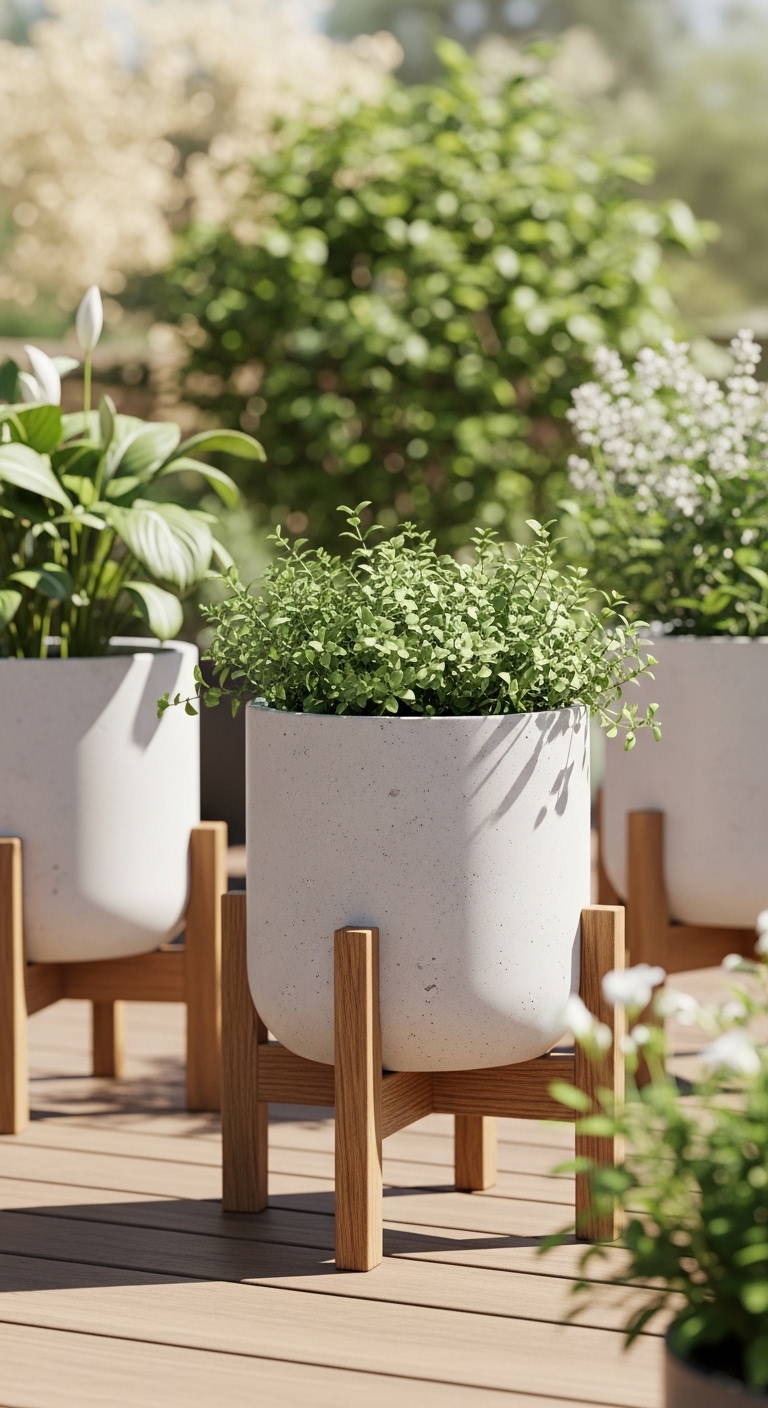 Concrete Planters With Wooden Stands