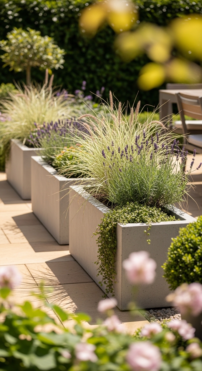Concrete Trough Planters Along A Patio Edge