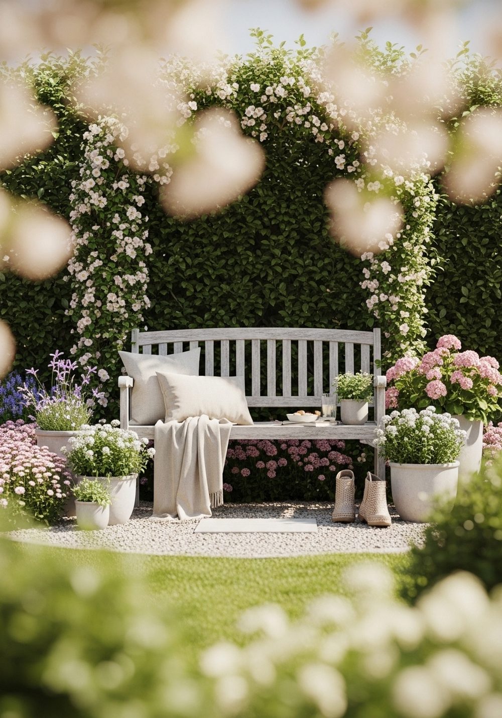 Garden Bench Framed By Flowers