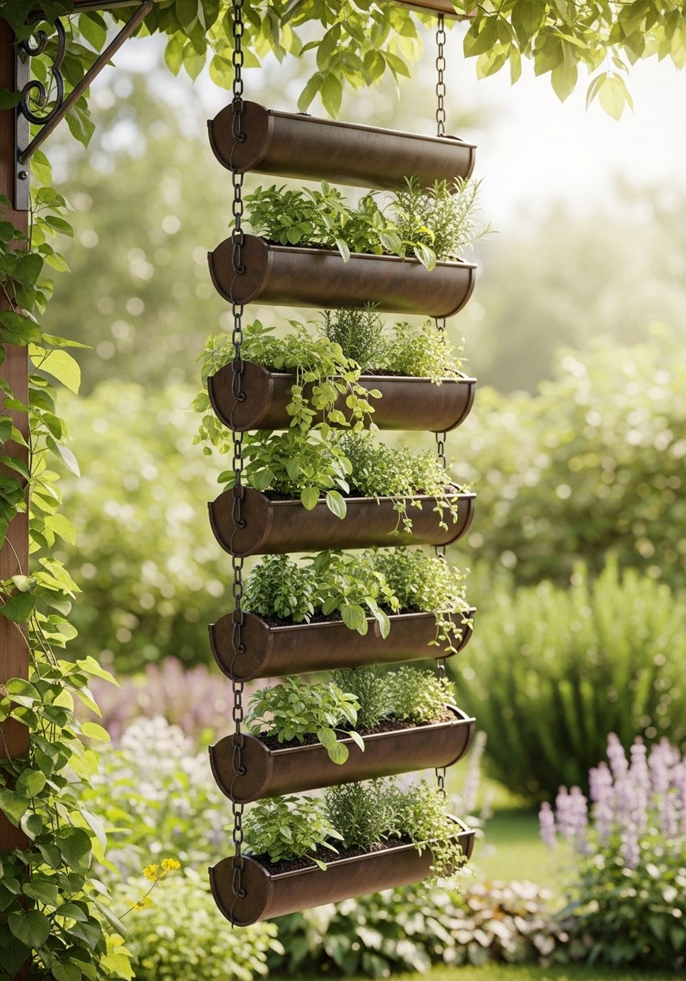Hanging Chain-Supported Gutter Herb Wall