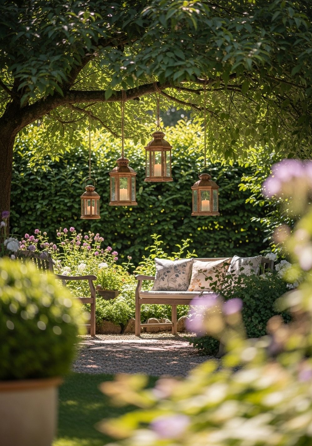Hanging Lanterns In A Tree Corner