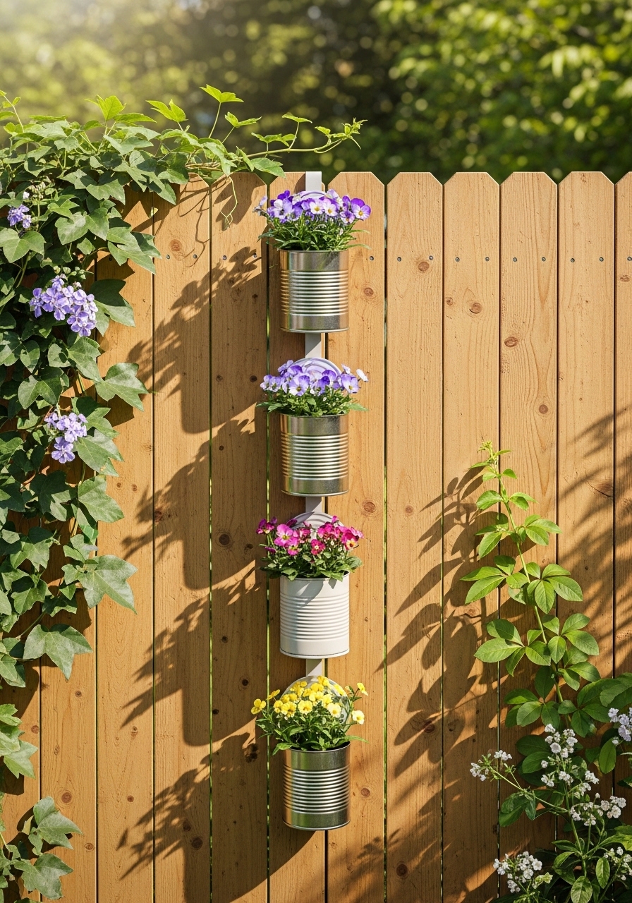 Hanging Tin Can Fence Planters