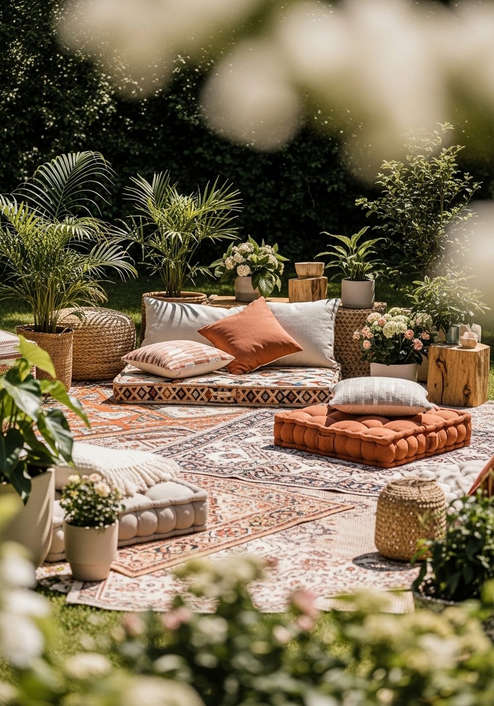 Layered Outdoor Rugs And Floor Cushions