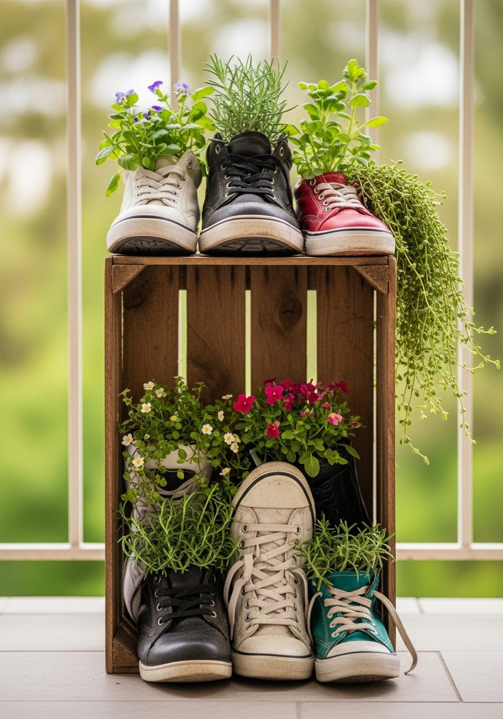 Mismatched Shoe Crate Planter Cluster