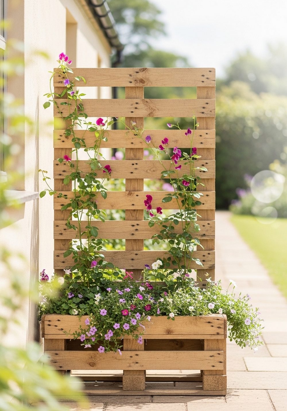 Pallet Planter And Trellis Combo For Climbing Flowers