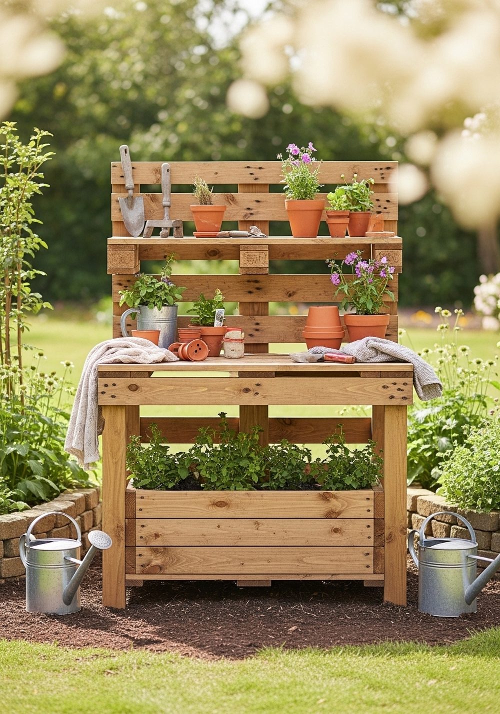 Pallet Potting Bench With Built-In Planters
