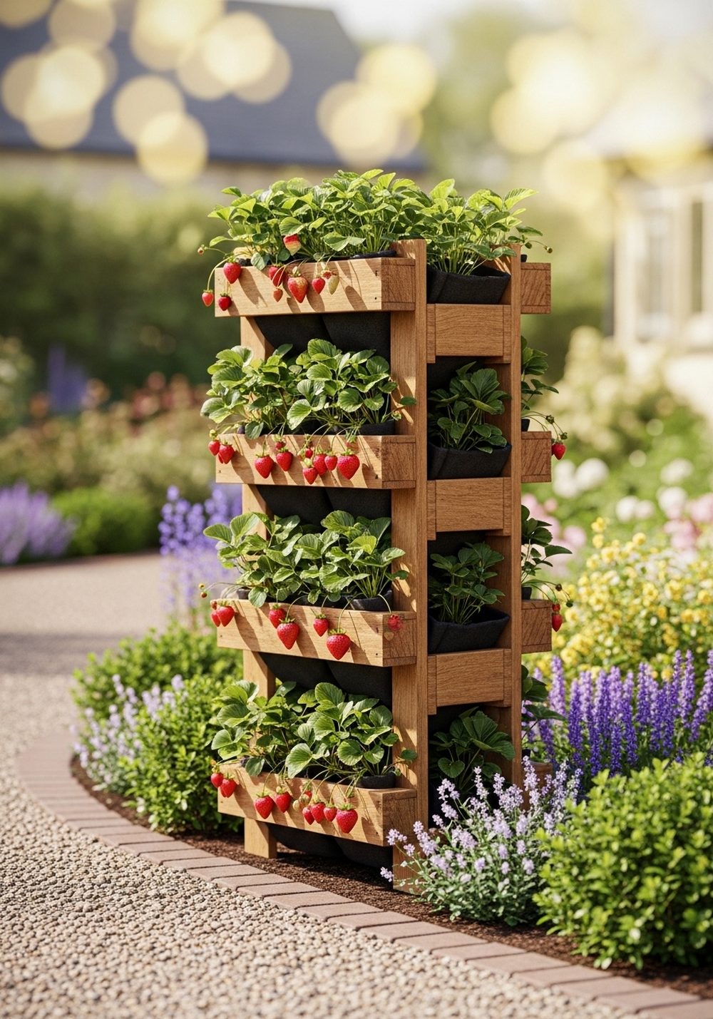 Pallet Strawberry Tower Beside A Cottage Path