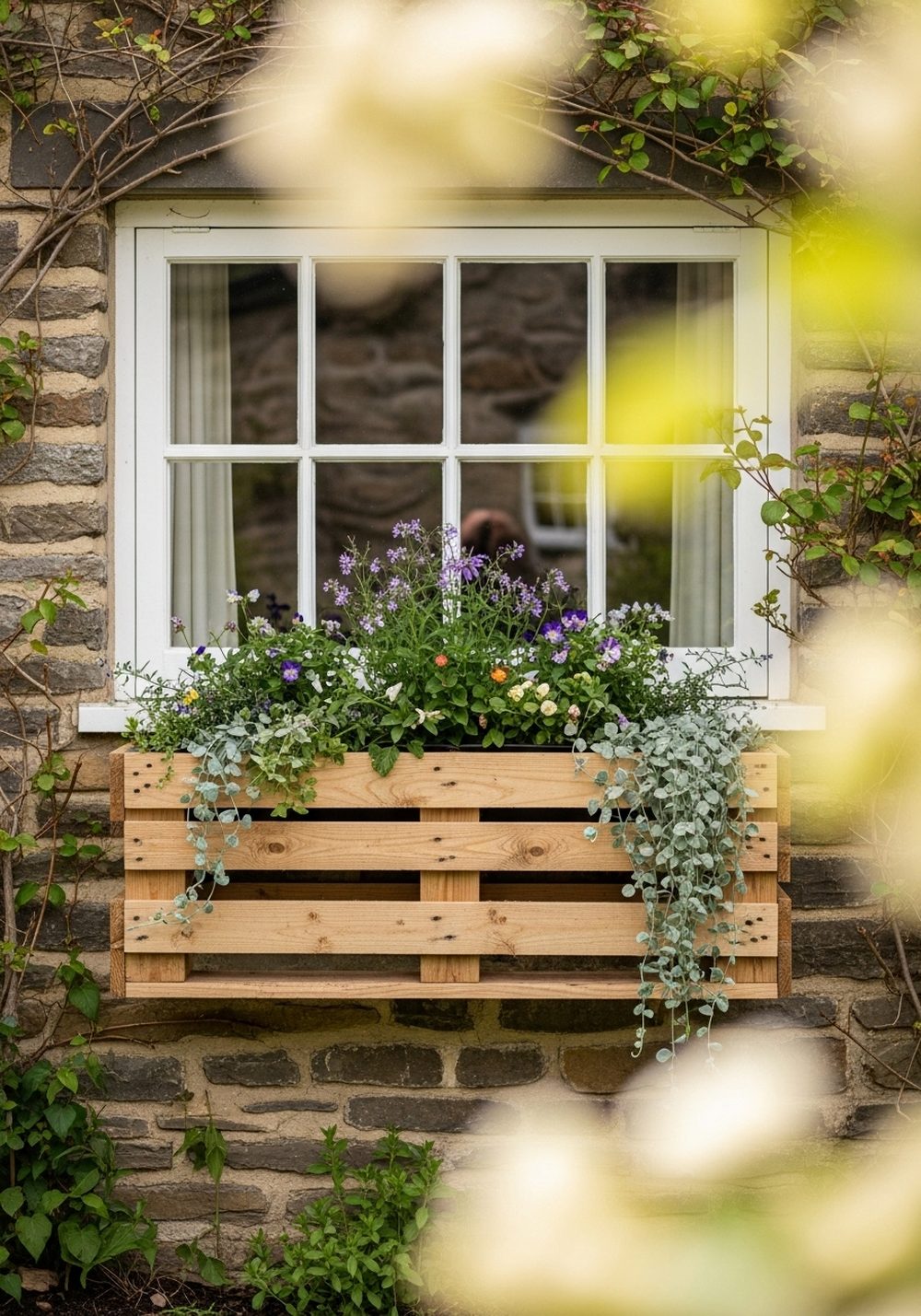 Pallet Window-Box Style Planter Under A Cottage Window