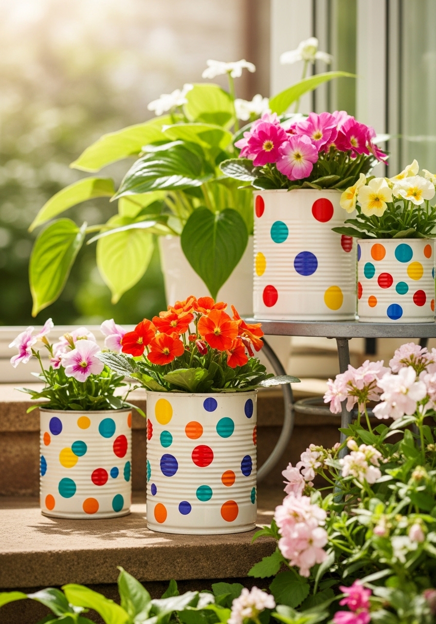 Polka Dot Painted Tin Can Planters