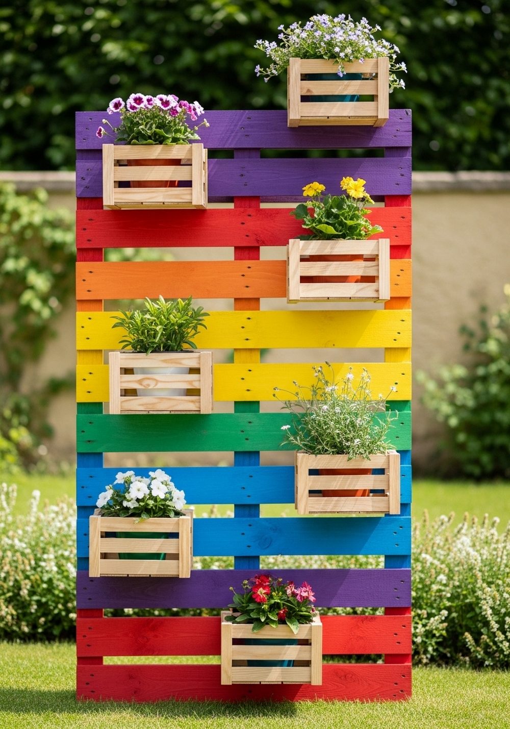Rainbow Pallet Crate Shelves For Pots