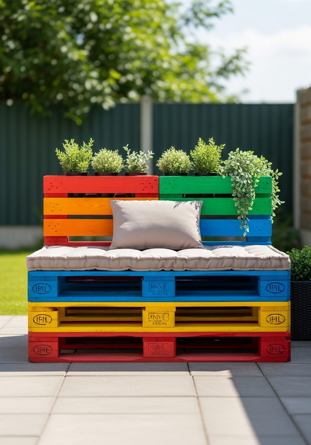 Rainbow Pallet Seating With Planters