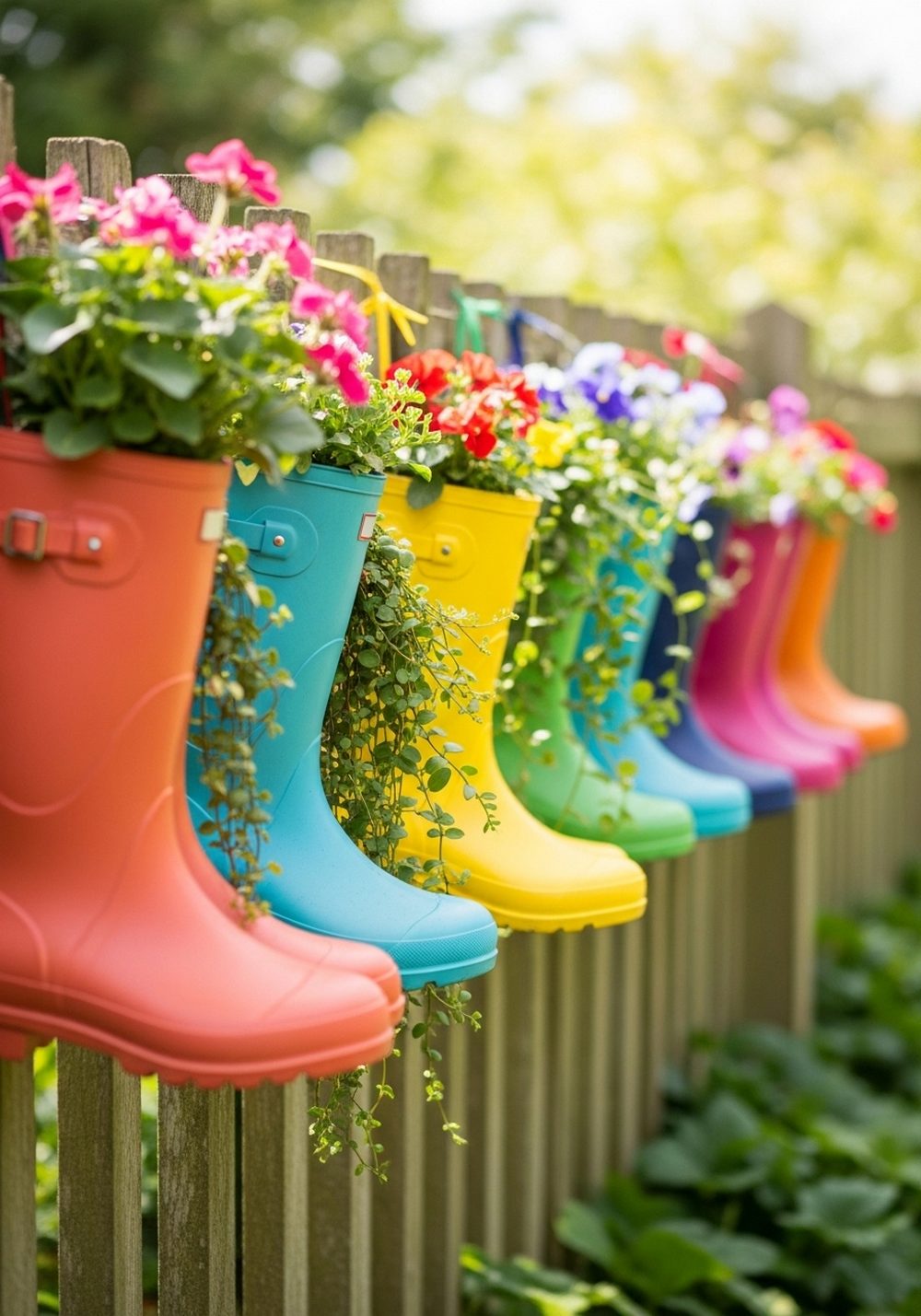 Rainbow Rubber Boots Along The Fence