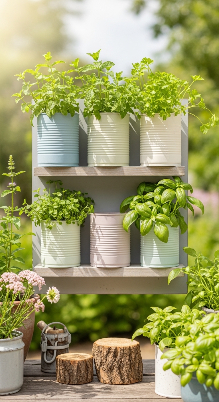 Repurposed Tin Can Herb Shelf