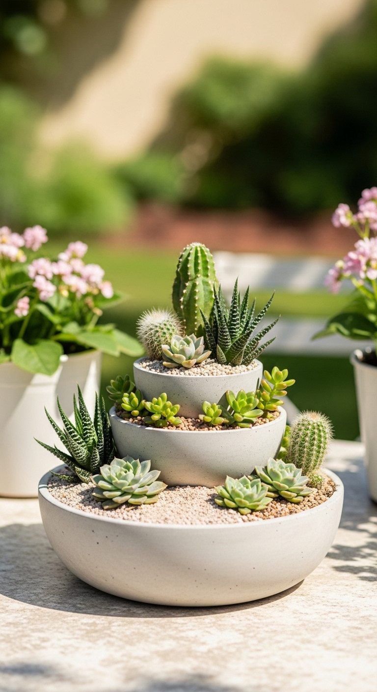 Round Concrete Bowl Planters With Succulents