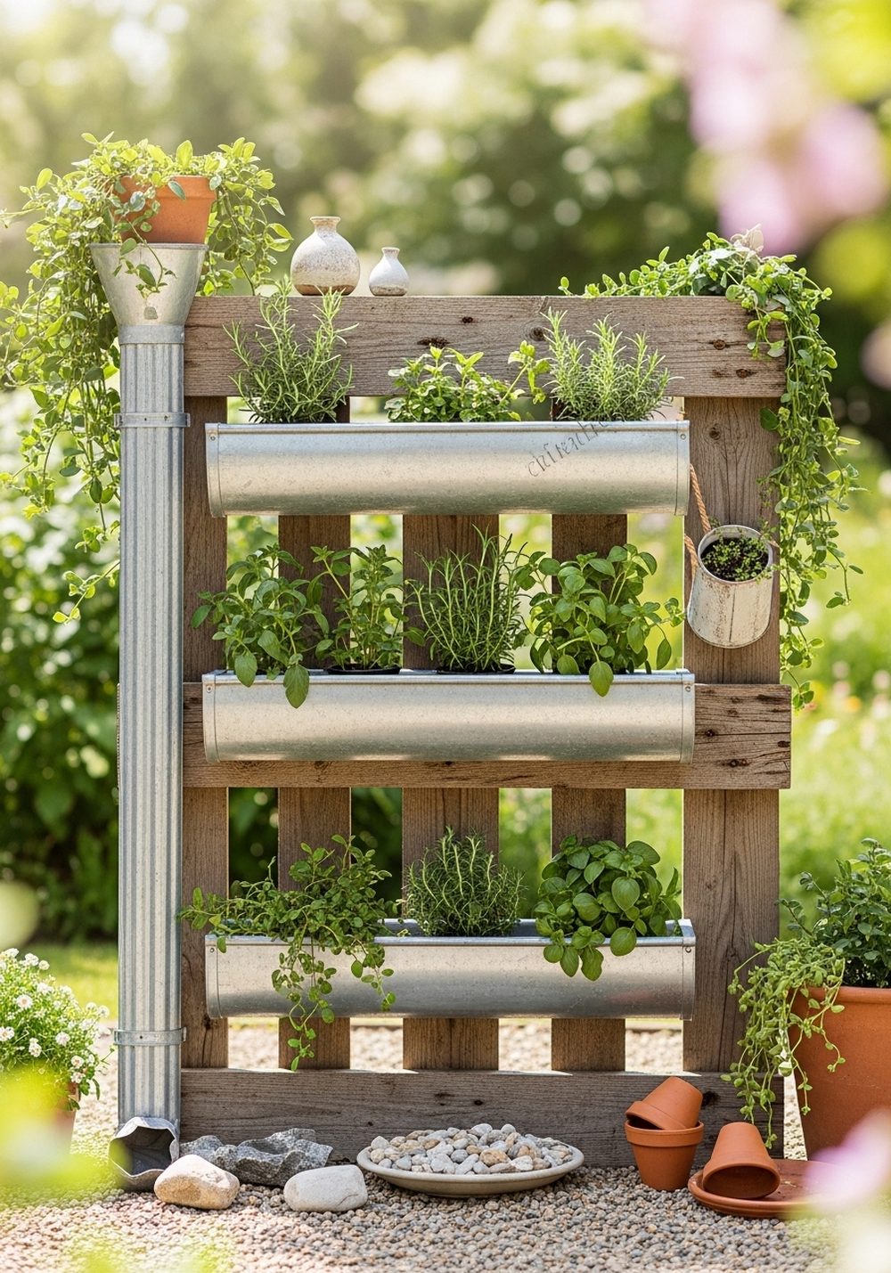 Rustic Pallet And Gutter Herb Display