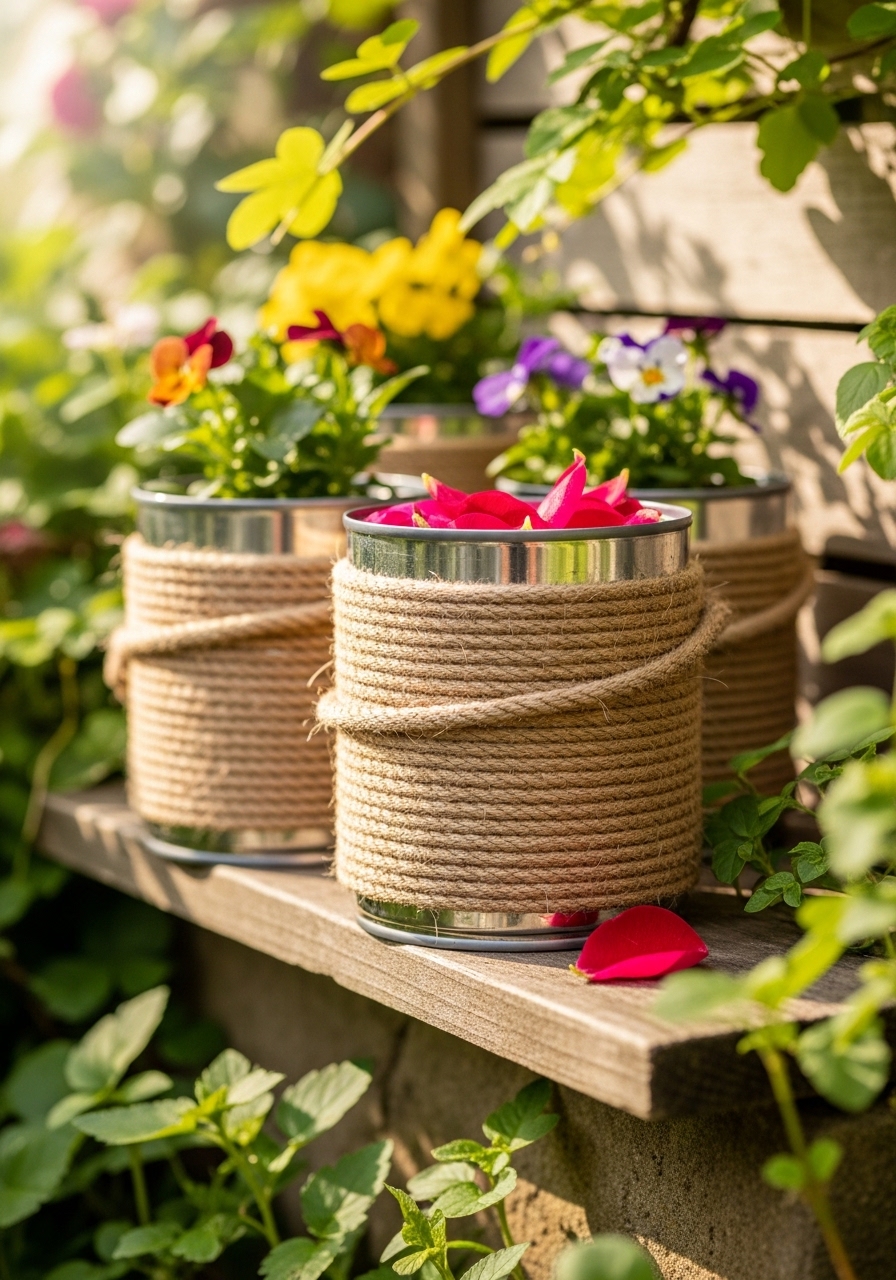 Rustic Rope-Wrapped Tin Can Planters