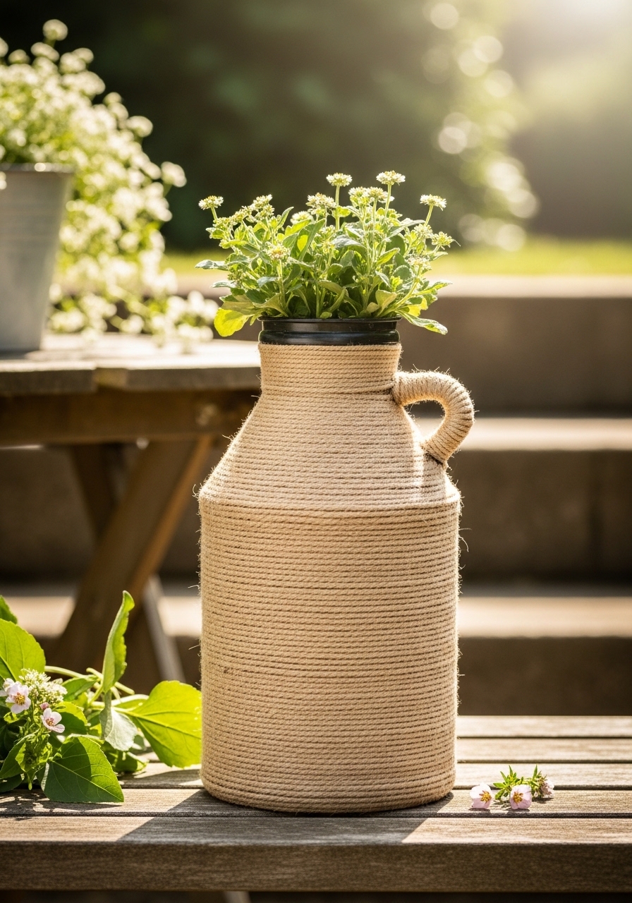 Rustic Twine-Wrapped Milk Jug Planter