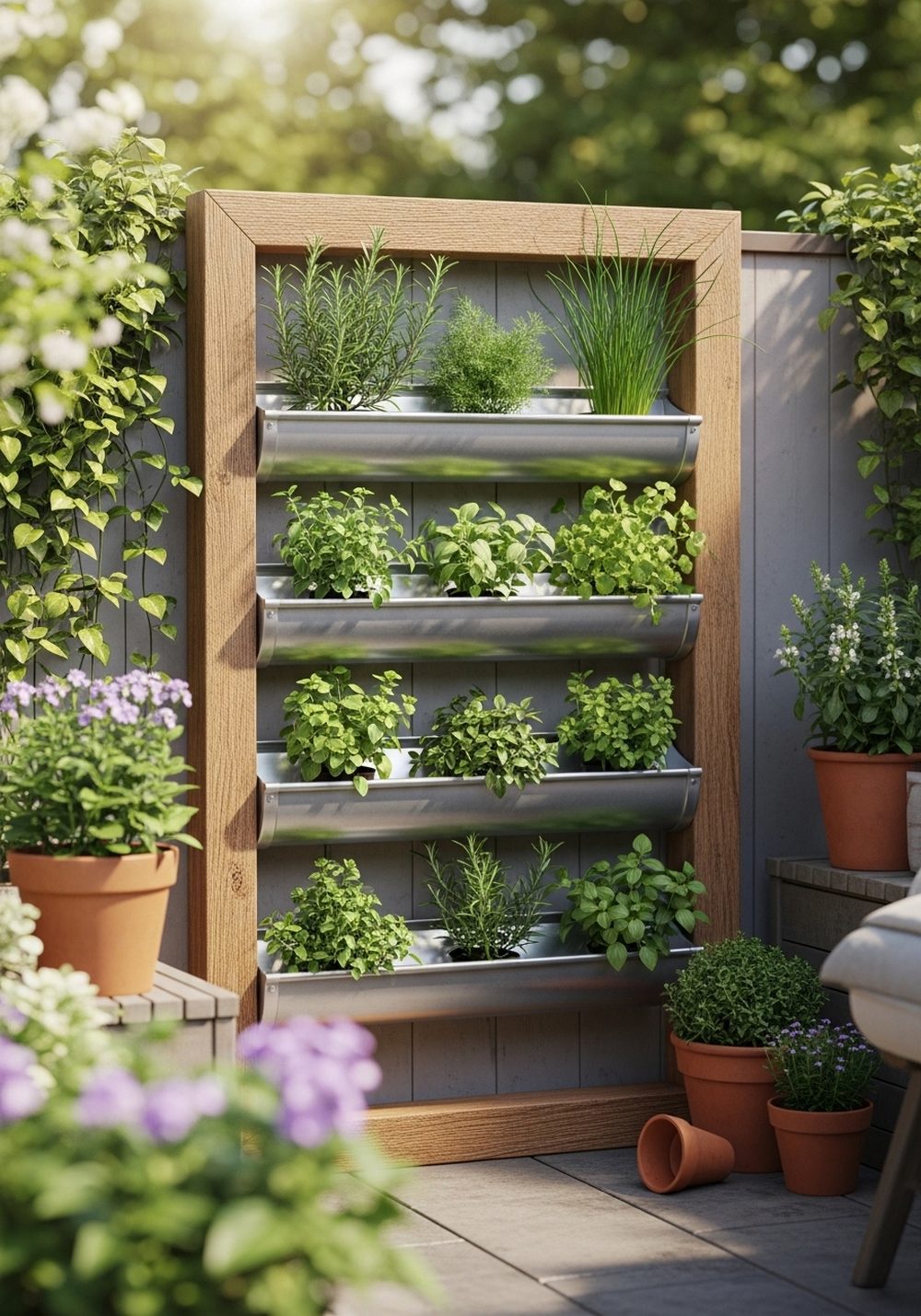 Rustic Wooden Frame Gutter Herb Display