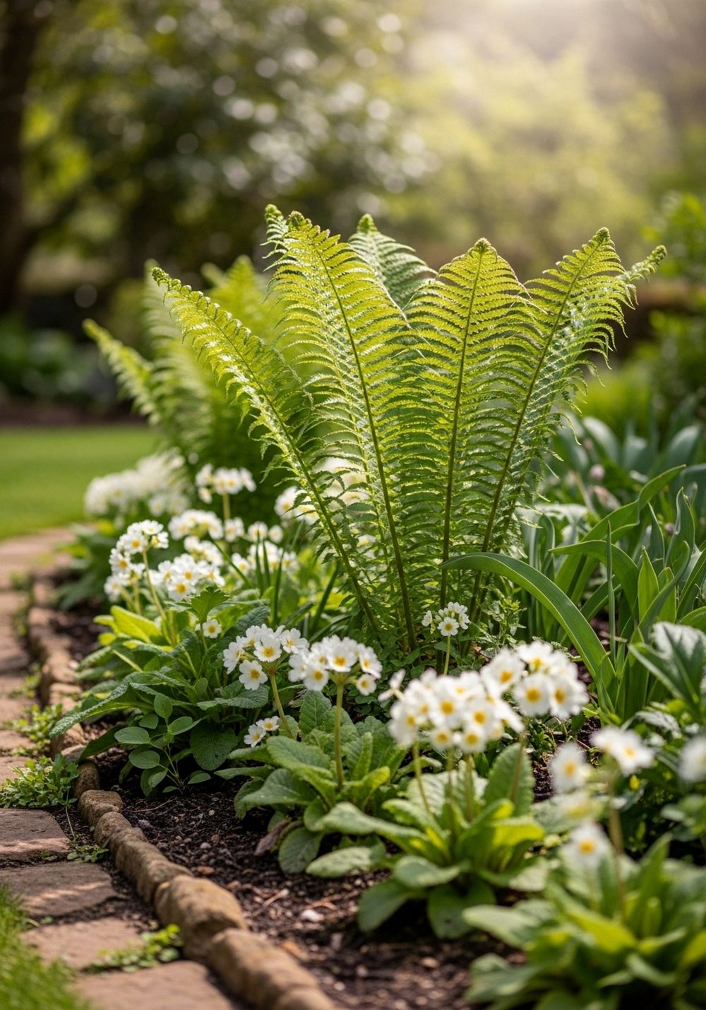 Shady Border With Ferns And Primroses