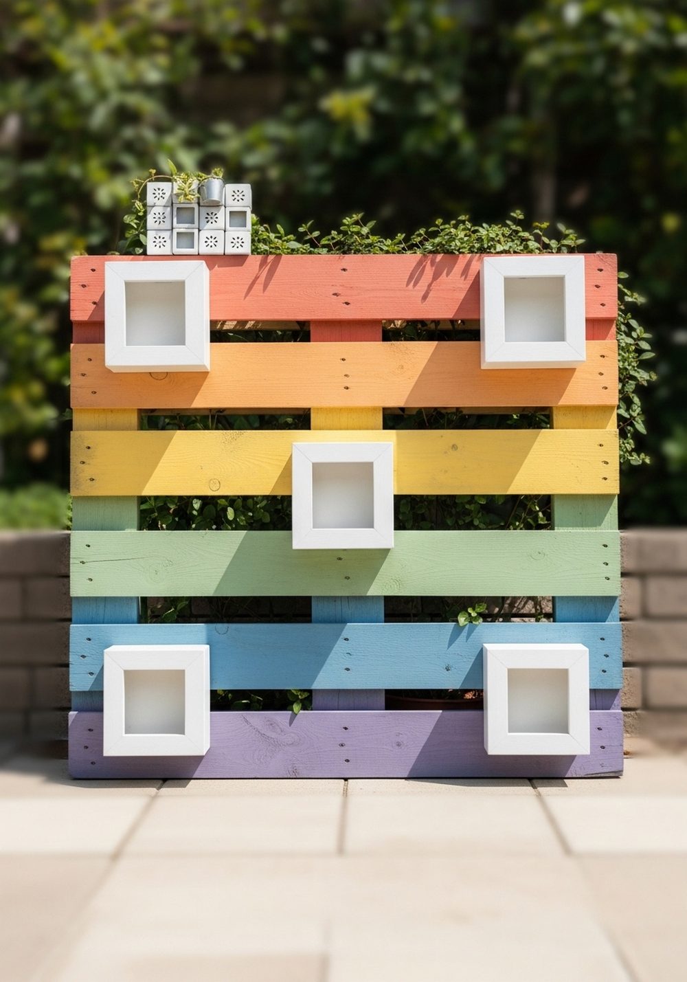 Soft Rainbow Pallet With White-Framed Pots