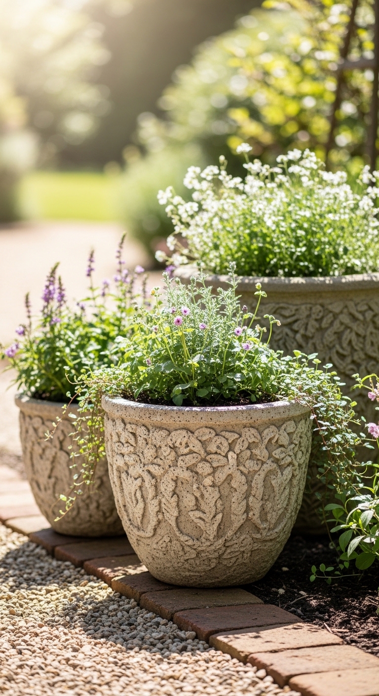 Textured Concrete Planters In A Rustic Garden