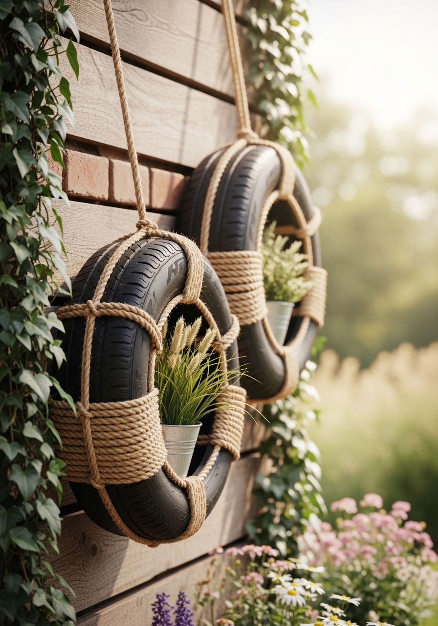Rustic Rope-Hung Tire Decor